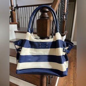 Kate Navy and Cream Sateen and Parent Leather Striped Bag